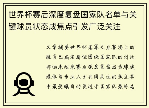 世界杯赛后深度复盘国家队名单与关键球员状态成焦点引发广泛关注